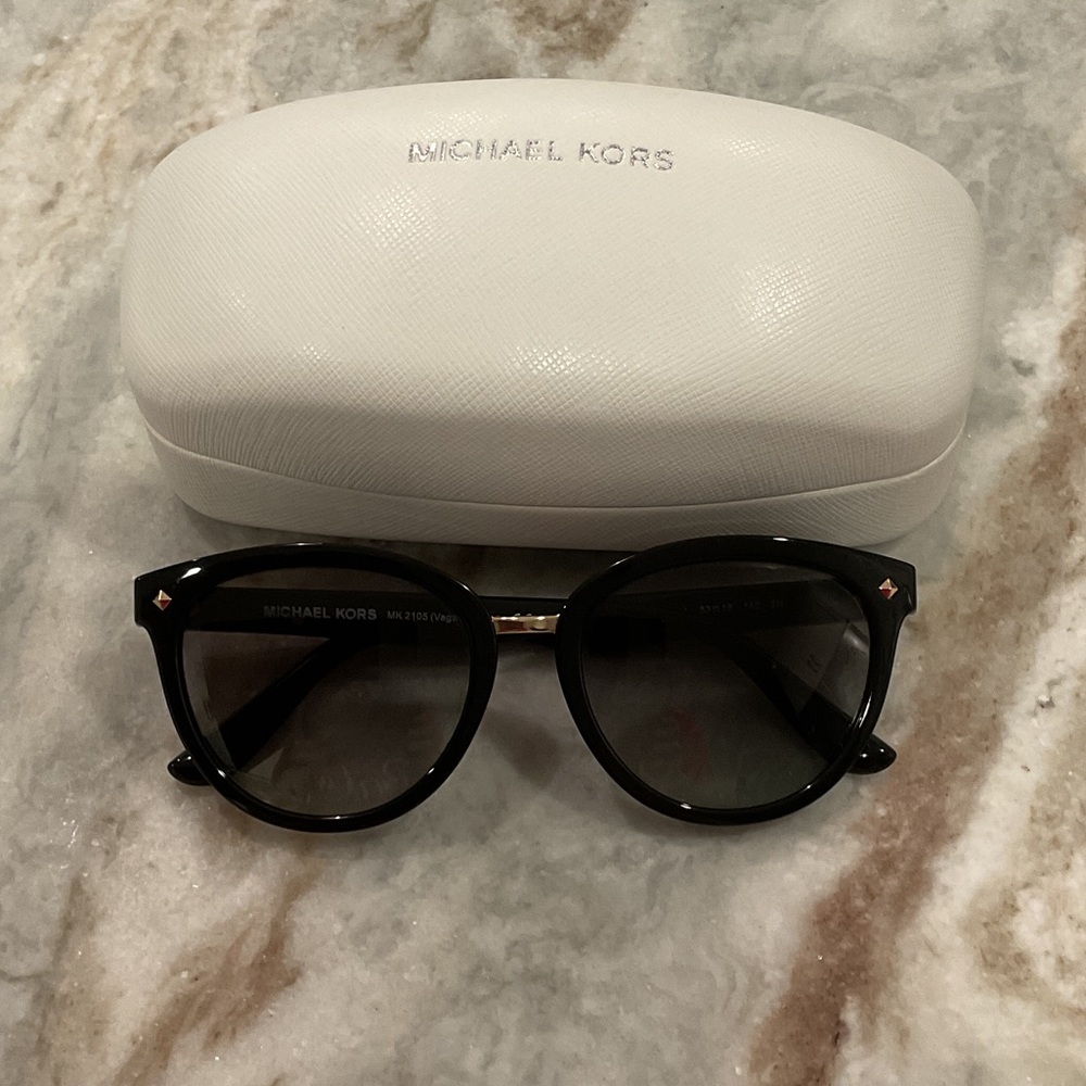 Michael Kors Black Sunglasses with White Case and Gold Accents